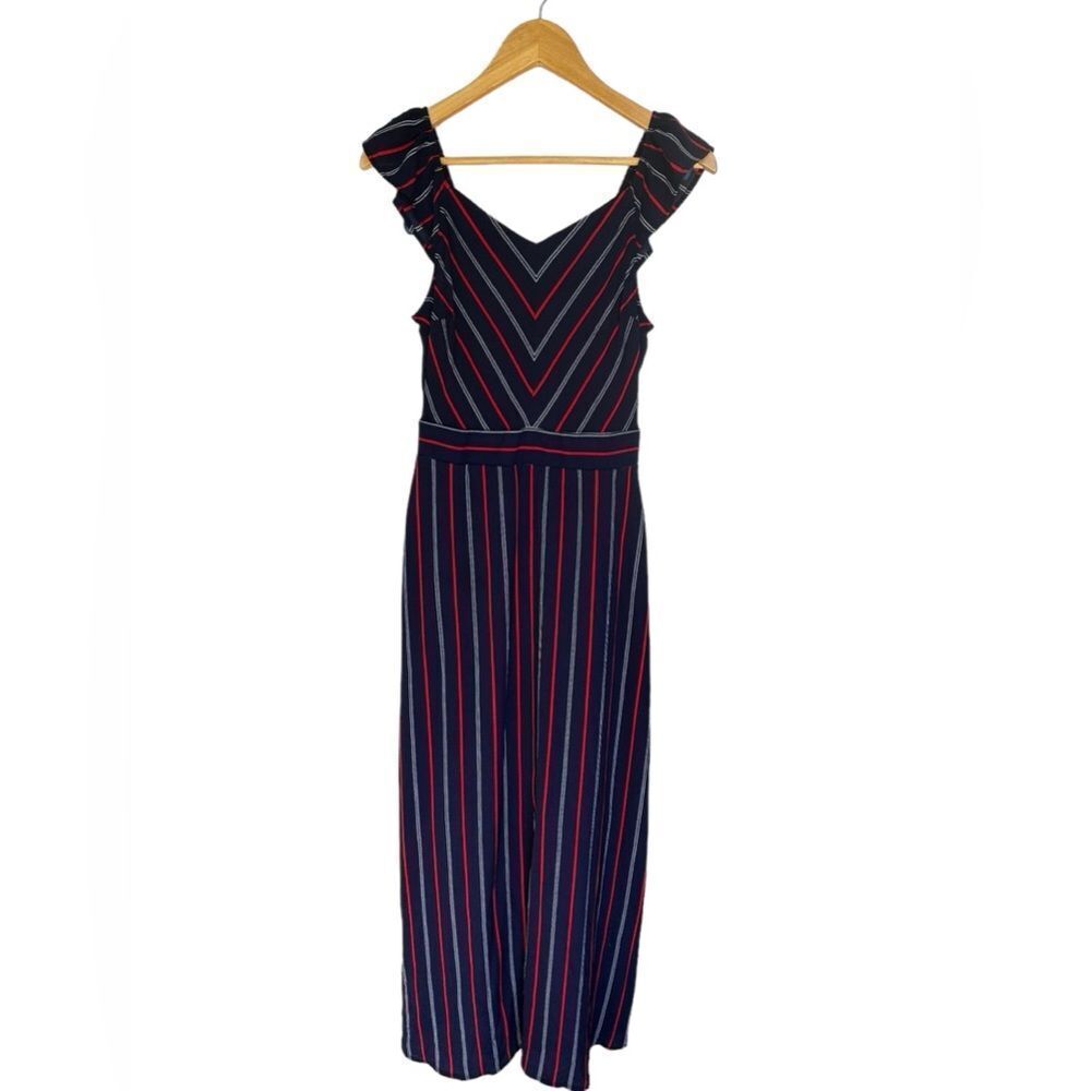Monteau Striped Flutter Sleeve Navy Blue Split Hem Maxi Dress. Medium.